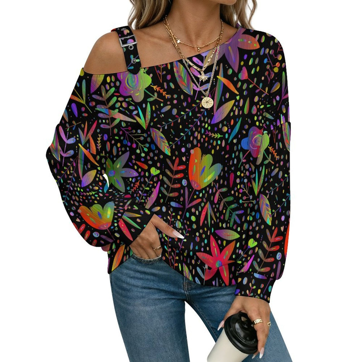 Off-the-shoulder SweaterColorful Flowers Women’s Off-Shoulder Knit Sweater