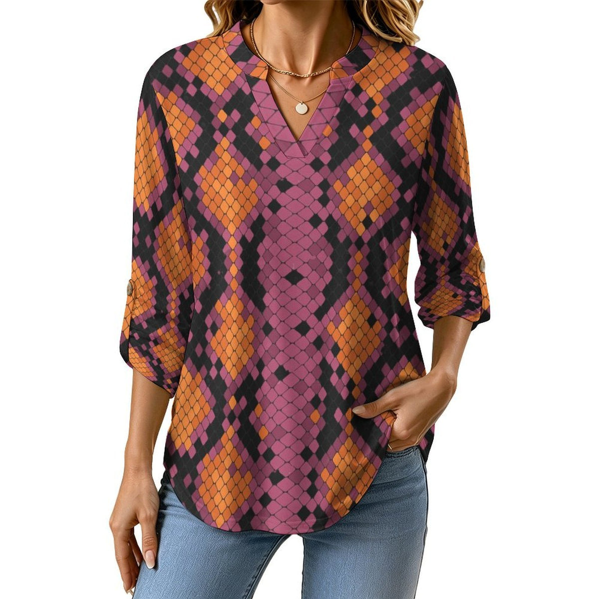 Snakeskin Pattern, Repeating Pattern Roll Tab 3/4 Sleeve Notched V Neck Tunic Blouse