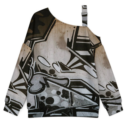 Off-the-shoulder Sweater Black And White Geometric Puzzle  Asymmetric Cold Shoulder Knit Sweater for Women, Adjustable Buckle Strap Long Sleeve Casual Slouchy Pullover