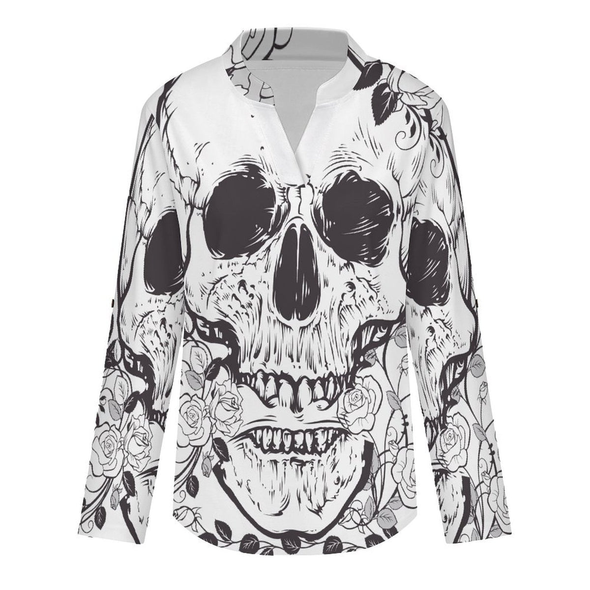 Stand-up Collar Long-sleeved Shirt Skull And Flowers  Customization Women’s V-Neck Blouses,long Sleeve,Roll-Up Sleeve Shirt
