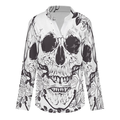 Stand-up Collar Long-sleeved Shirt Skull And Flowers  Customization Women’s V-Neck Blouses,long Sleeve,Roll-Up Sleeve Shirt