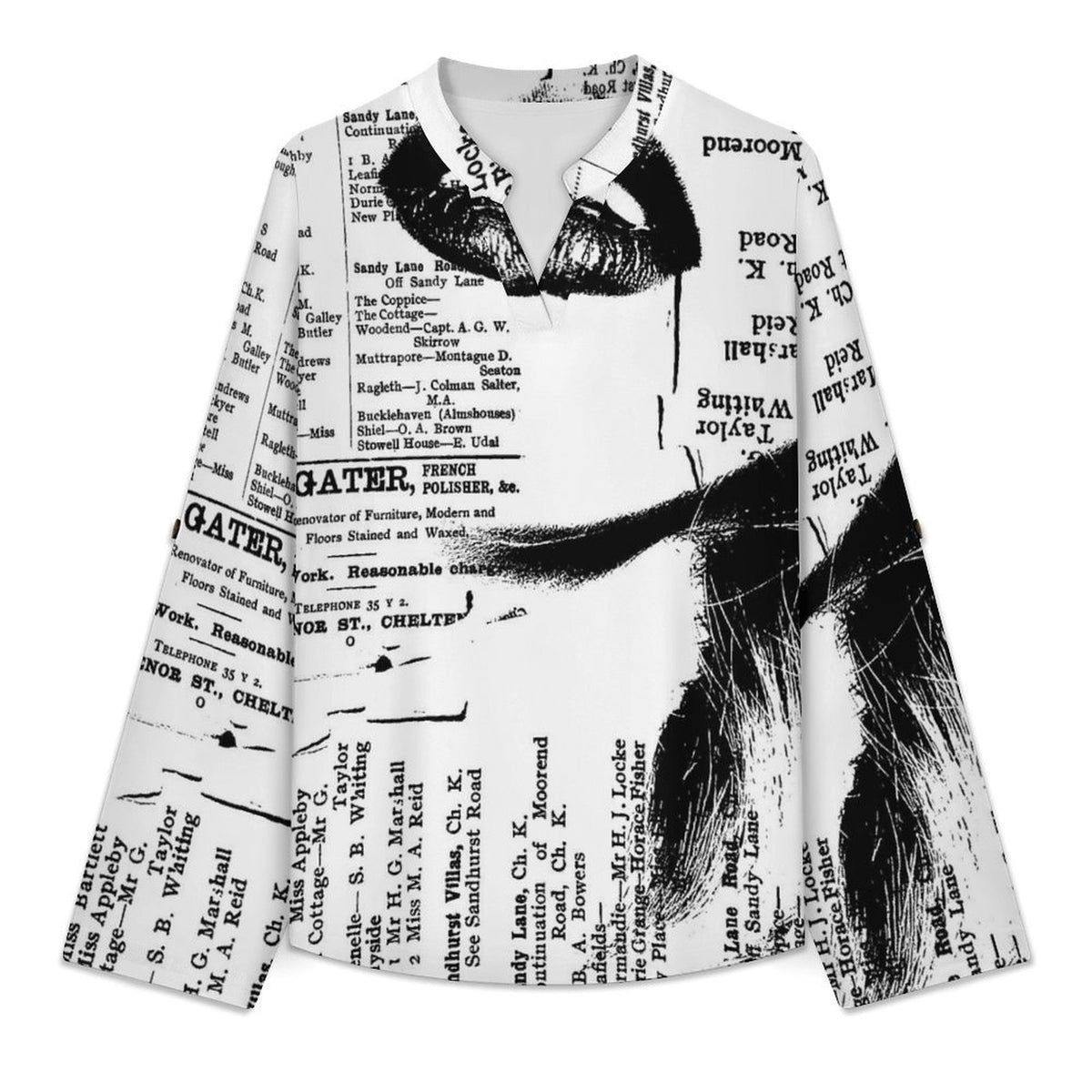 Stand-up Collar Long-sleeved Shirt Newspaper Girl Vintage white S Women’s V-Neck Blouses