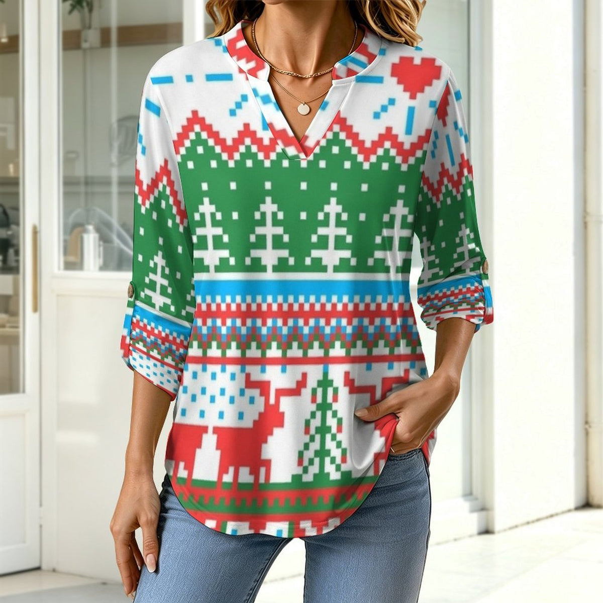 Stand-up Collar Long-sleeved Shirt Christmas Pattern  Customization Women’s V-Neck Blouses,long Sleeve,Roll-Up Sleeve Shirt