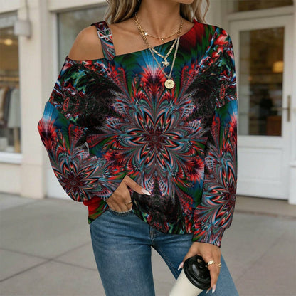 Off-the-shoulder Sweater Mirror Design Pattern  Asymmetric Cold Shoulder Knit Sweater for Women, Adjustable Buckle Strap Long Sleeve Casual Slouchy Pullover