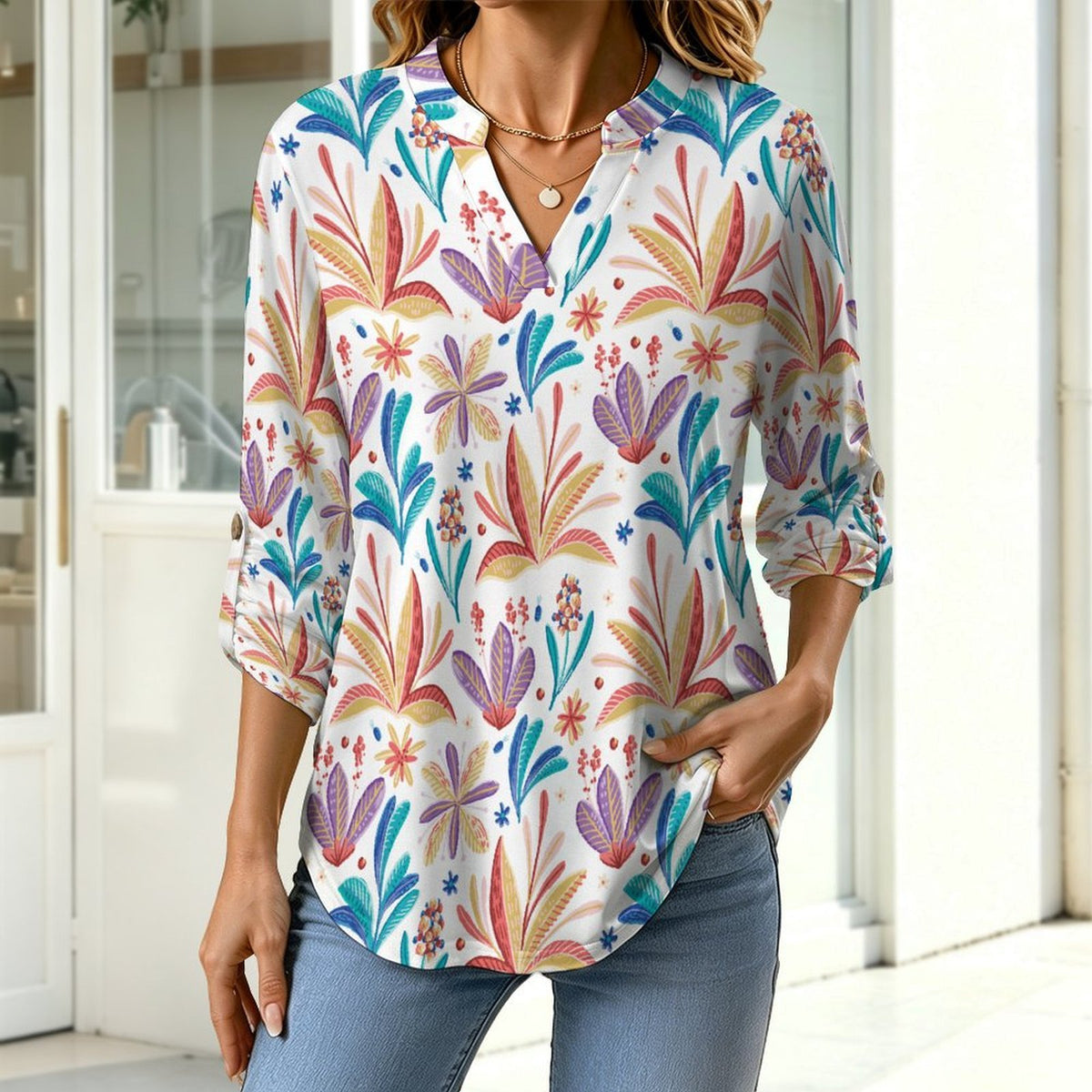 Stand-up Collar Long-sleeved Shirt Repeat Patterned Flower Plants  Customization Women’s V-Neck Blouses,long Sleeve,Roll-Up Sleeve Shirt