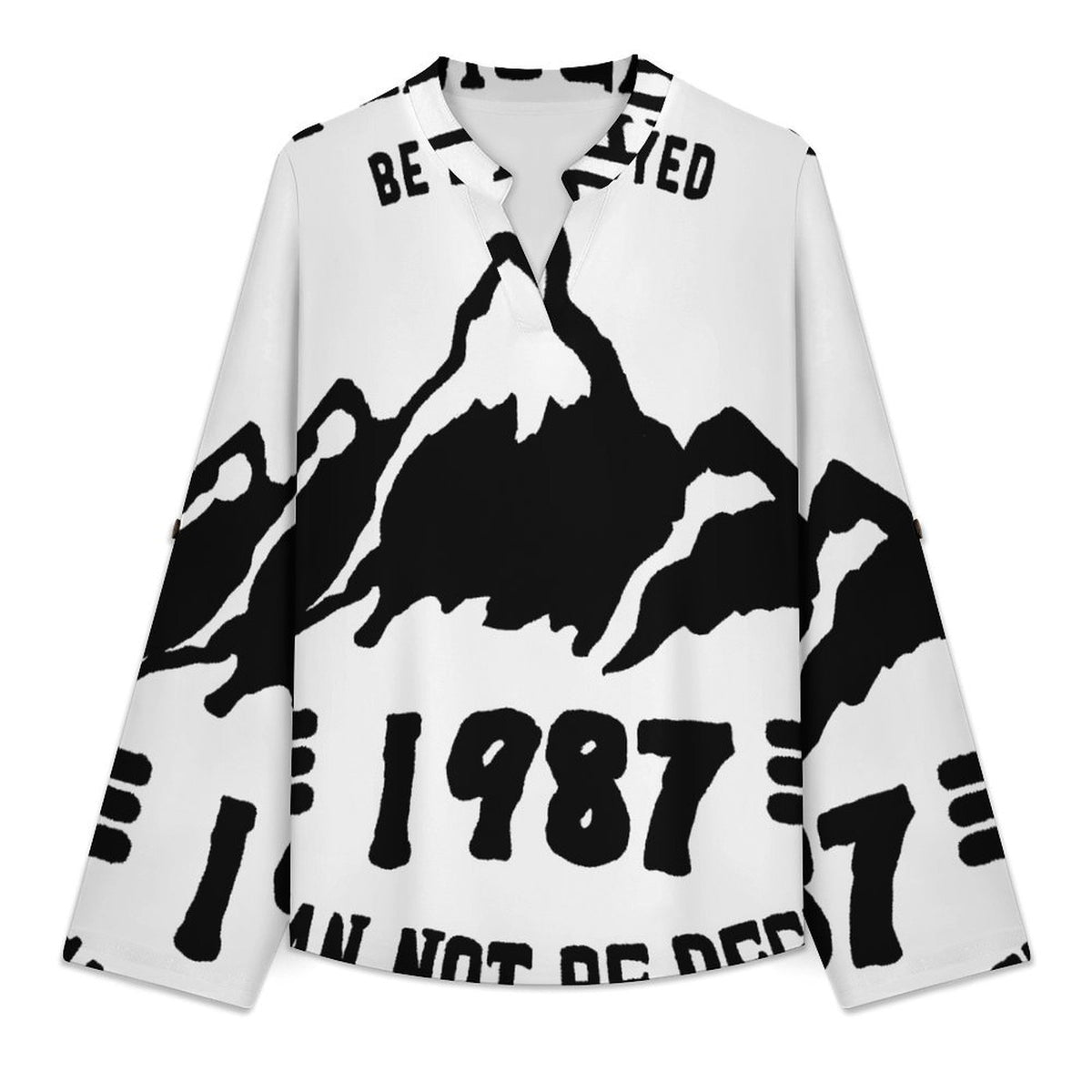 Stand-up Collar Long-sleeved Shirt 1987, Retro Font Design, Mountain Peak  Customization Women’s V-Neck Blouses,long Sleeve,Roll-Up Sleeve Shirt