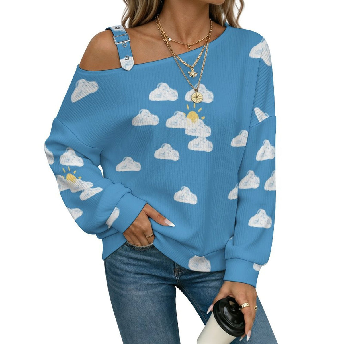 Off-the-shoulder Sweater Clouds And Sun  Asymmetric Cold Shoulder Knit Sweater for Women, Adjustable Buckle Strap Long Sleeve Casual Slouchy Pullover