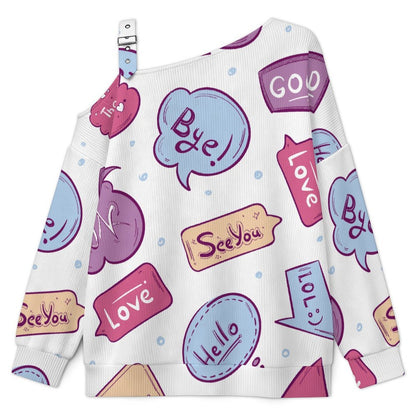 Cartoon, Pop, Pattern Fall Casual Asymmetric Shoulder Knit Top with Buckle Detail