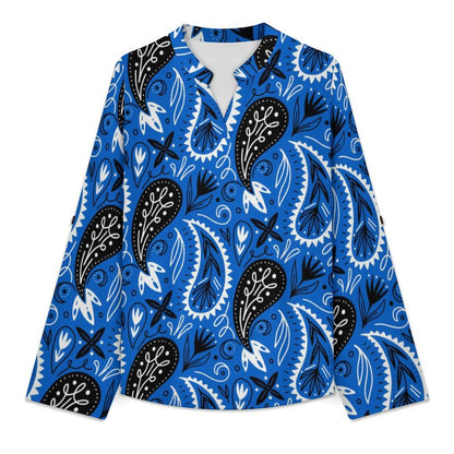 Paisley Women's Notched V Neck Tunic Tops, Roll Up 3/4 Sleeve Button Cuff Casual Blouse, Hem Loose Work Shirts