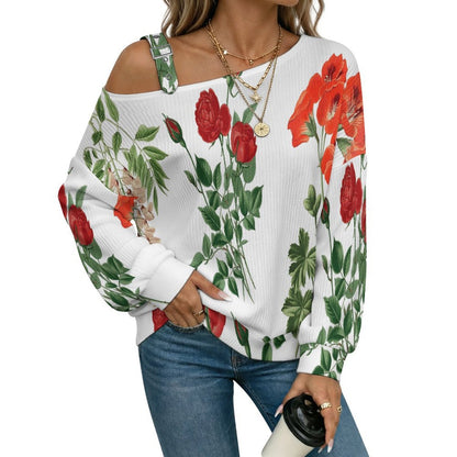 Off-the-shoulder Sweater Rose And Sophora  Asymmetric Cold Shoulder Knit Sweater for Women, Adjustable Buckle Strap Long Sleeve Casual Slouchy Pullover