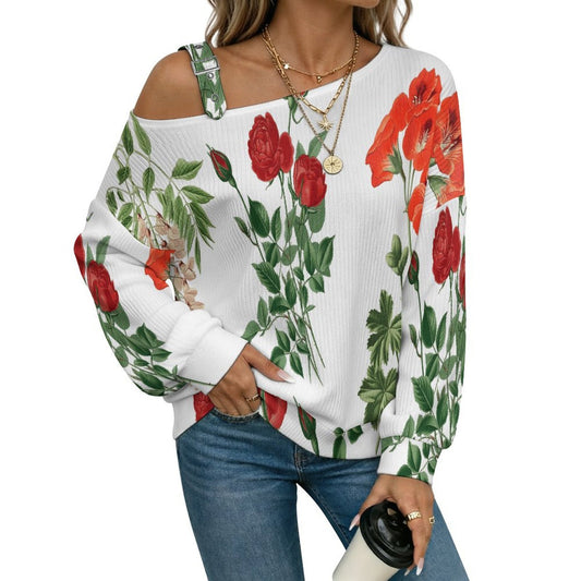 Off-the-shoulder Sweater Rose And Sophora  Asymmetric Cold Shoulder Knit Sweater for Women, Adjustable Buckle Strap Long Sleeve Casual Slouchy Pullover