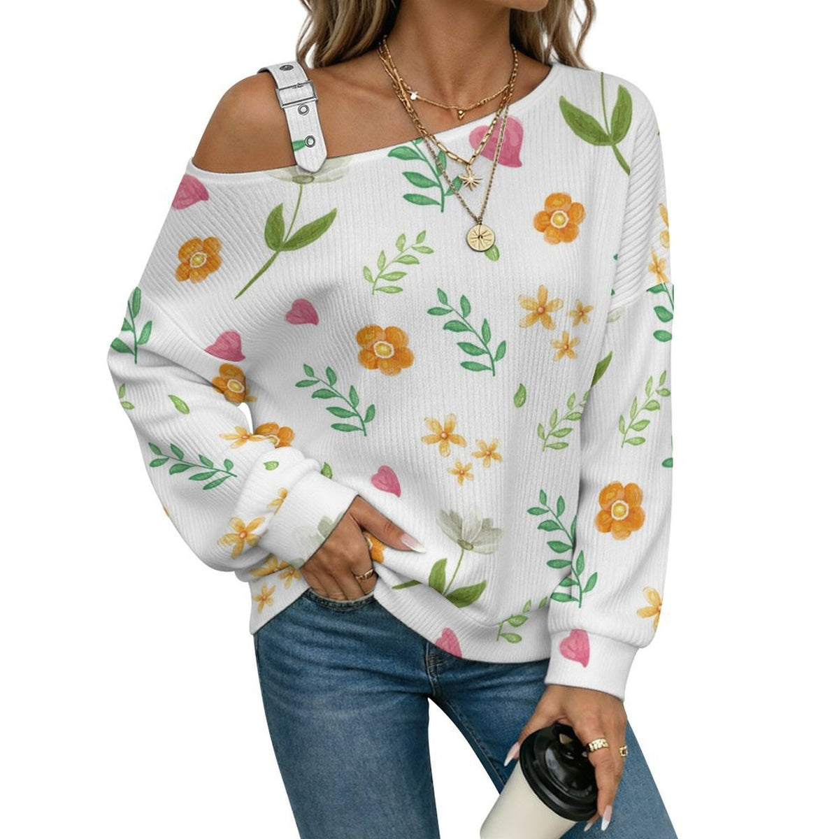 Off-the-shoulder Sweater Floral Pattern  Asymmetric Cold Shoulder Knit Sweater for Women, Adjustable Buckle Strap Long Sleeve Casual Slouchy Pullover