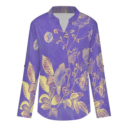 Stand-up Collar Long-sleeved Shirt Purple, Chinese Style, Flower Pattern  Customization Women’s V-Neck Blouses,long Sleeve,Roll-Up Sleeve Shirt