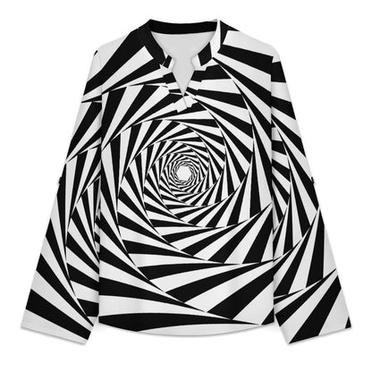 Black And White Interleaving Pattern Roll Tab 3/4 Sleeve Notched V Neck Tunic Blouse