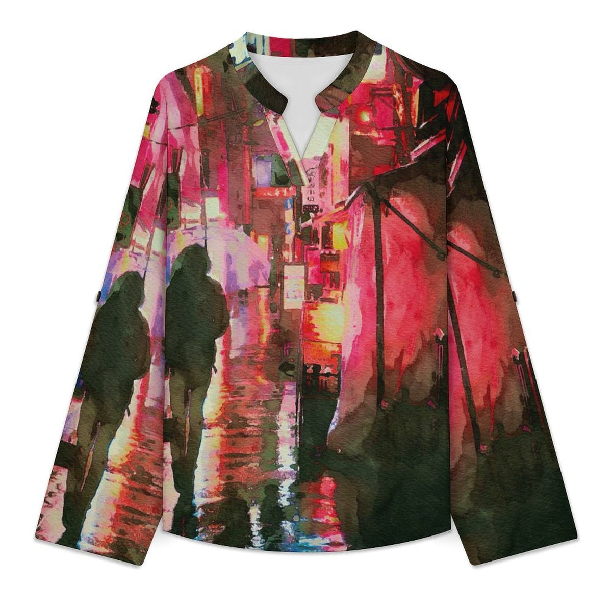 Stand-up Collar Long-sleeved Shirt Watercolor Painting, Late at Night, Lonely  Customization Women’s V-Neck Blouses,long Sleeve,Roll-Up Sleeve Shirt