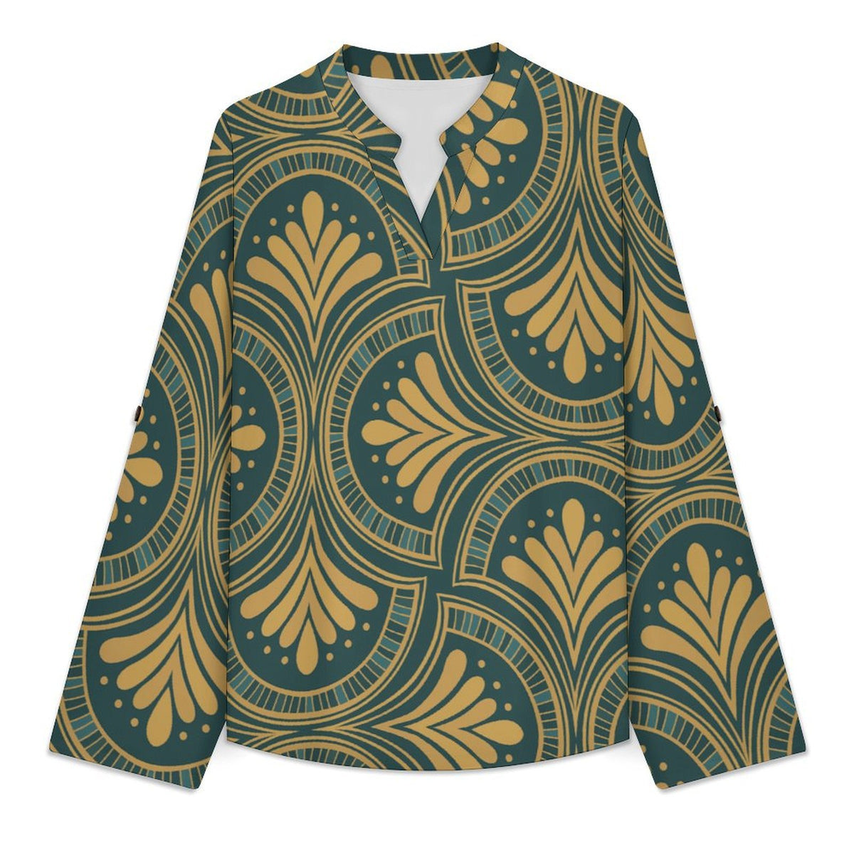 Stand-up Collar Long-sleeved Shirt Retro Pattern  Customization Women’s V-Neck Blouses,long Sleeve,Roll-Up Sleeve Shirt