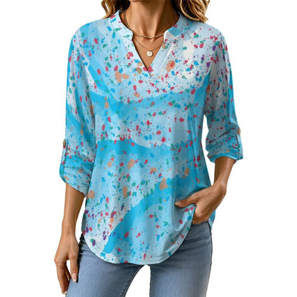 Stand-up Collar Long-sleeved Shirt Watercolor  Color Dot Bull  Customization Women’s V-Neck Blouses,long Sleeve,Roll-Up Sleeve Shirt