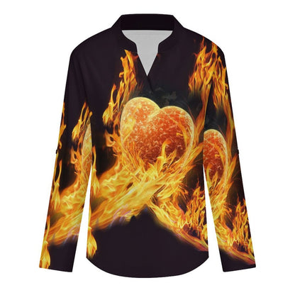 Stand-up Collar Long-sleeved Shirt Flame Heart  Customization Women’s V-Neck Blouses,long Sleeve,Roll-Up Sleeve Shirt