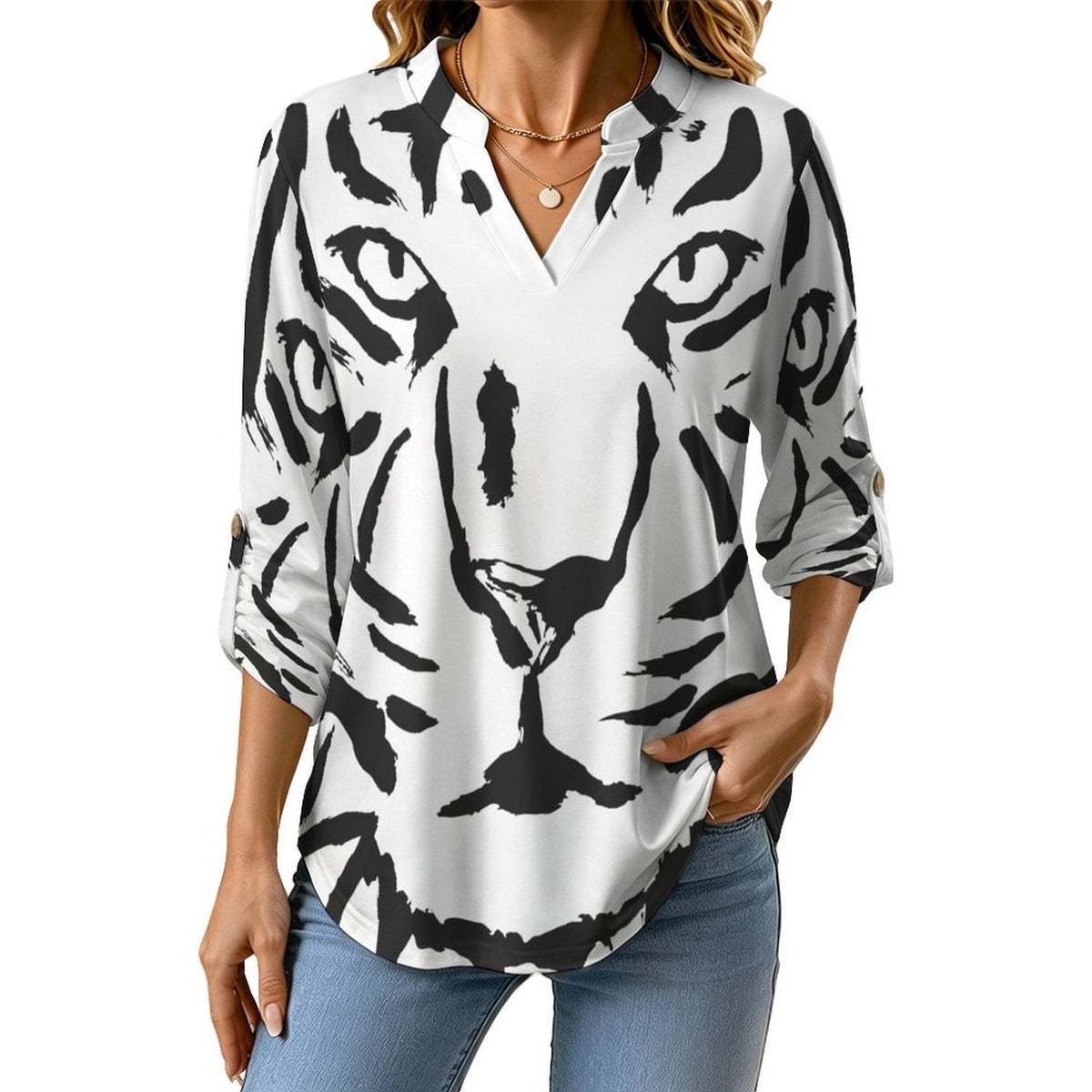 Stand-up Collar Long-sleeved Shirt Tiger, Retro Pattern  Customization Women’s V-Neck Blouses,long Sleeve,Roll-Up Sleeve Shirt