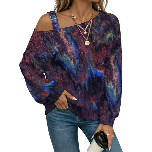 Off-the-shoulder Sweater Dark Pattern  Asymmetric Cold Shoulder Knit Sweater for Women, Adjustable Buckle Strap Long Sleeve Casual Slouchy Pullover