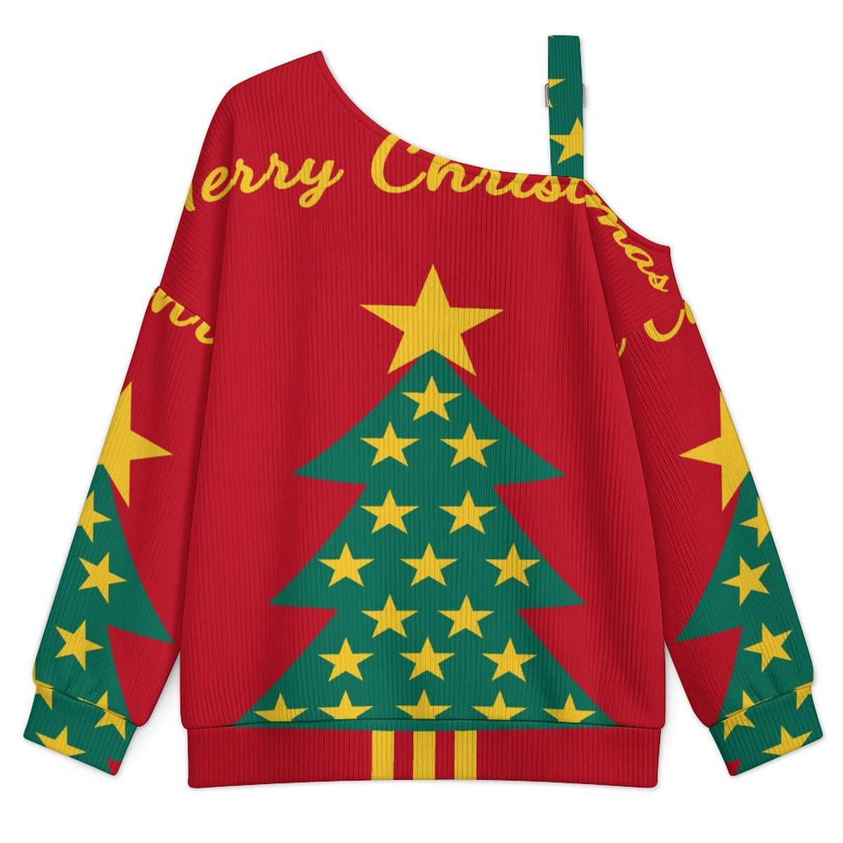 Off-the-shoulder Sweater Christmas Tree  Asymmetric Cold Shoulder Knit Sweater for Women, Adjustable Buckle Strap Long Sleeve Casual Slouchy Pullover