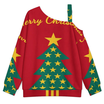 Off-the-shoulder Sweater Christmas Tree  Asymmetric Cold Shoulder Knit Sweater for Women, Adjustable Buckle Strap Long Sleeve Casual Slouchy Pullover