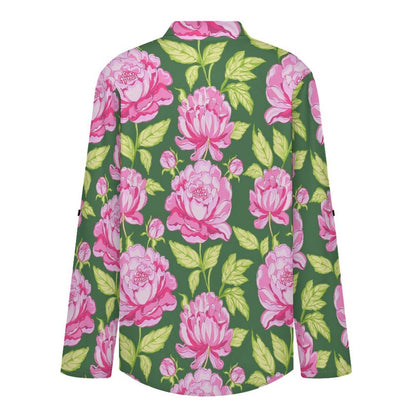 Stand-up Collar Long-sleeved Shirt Pink, Peony, Pink Green