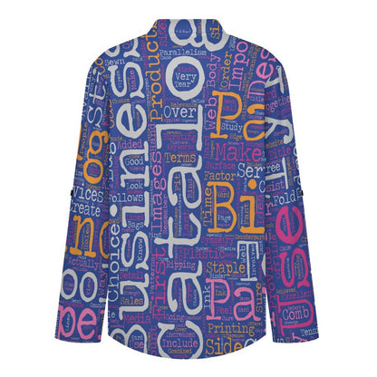 Stand-up Collar Long-sleeved Shirt English Newspaper  Customization Women’s V-Neck Blouses,long Sleeve,Roll-Up Sleeve Shirt