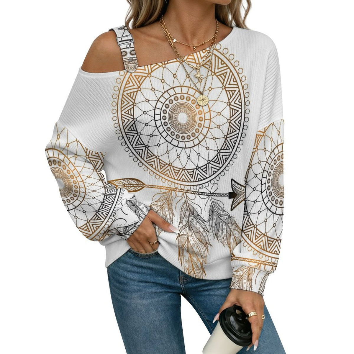 Off-the-shoulder Sweater Feathers  Asymmetric Cold Shoulder Knit Sweater for Women, Adjustable Buckle Strap Long Sleeve Casual Slouchy Pullover