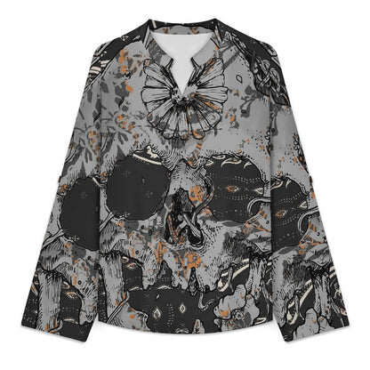 Stand-up Collar Long-sleeved Shirt Skul,folk-customl,totem  Customization Women’s V-Neck Blouses,long Sleeve,Roll-Up Sleeve Shirt