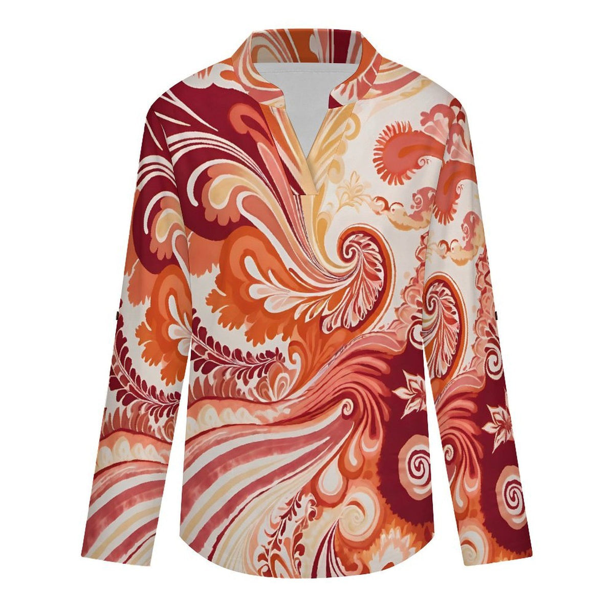 Stand-up Collar Long-sleeved Shirt Tie Dye Stripes  Women’s V-Neck Blouses