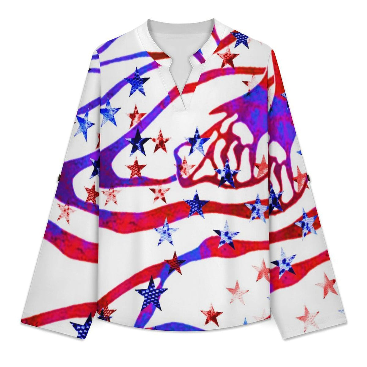 Stand-up Collar Long-sleeved Shirt Flow,American Flag,star  Customization Women’s V-Neck Blouses,long Sleeve,Roll-Up Sleeve Shirt