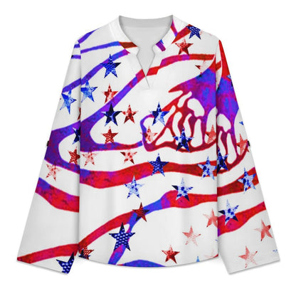 Stand-up Collar Long-sleeved Shirt Flow,American Flag,star  Customization Women’s V-Neck Blouses,long Sleeve,Roll-Up Sleeve Shirt
