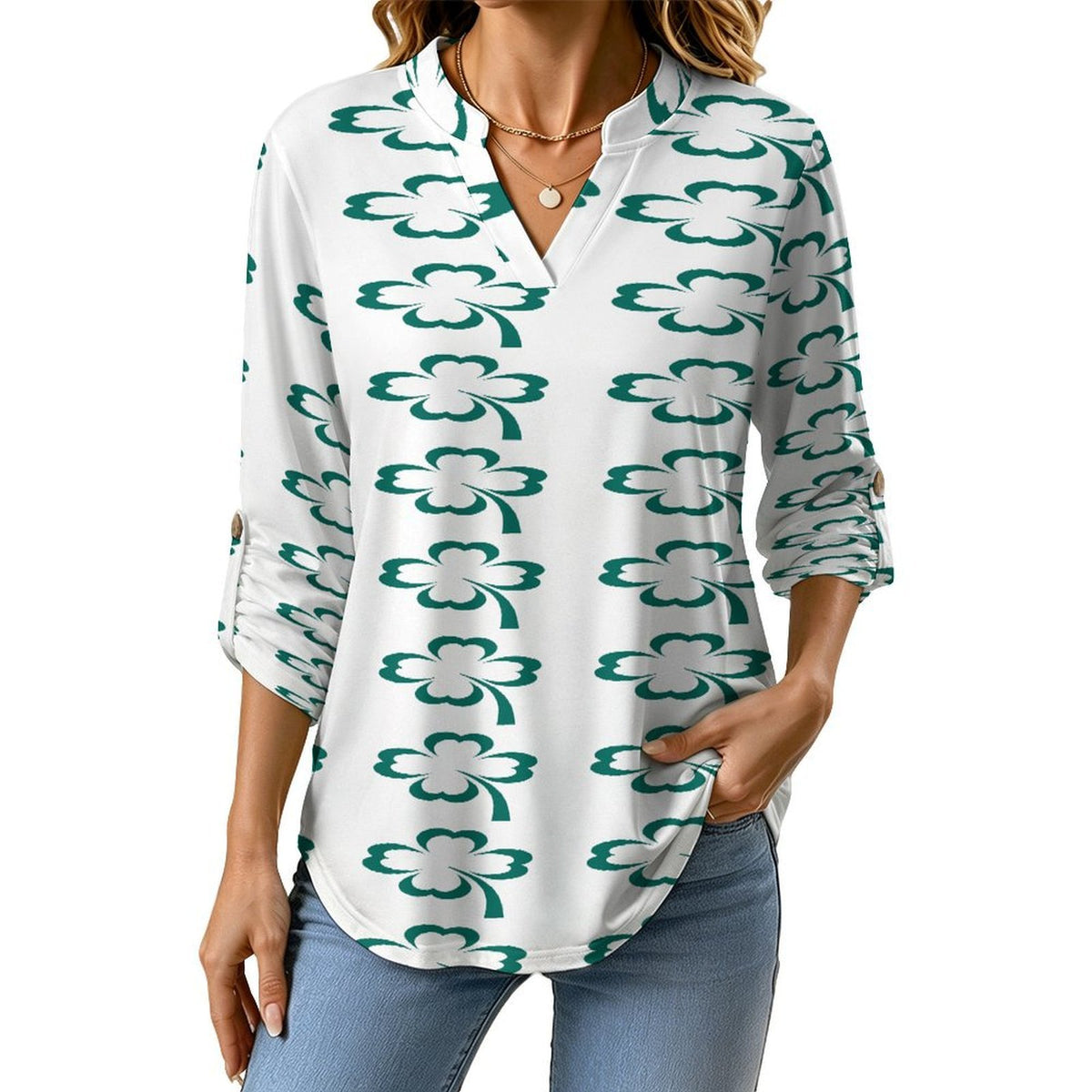 Women Curved Hem V Neck Roll Sleeve Casual Work Top  St. Patrick's Day, White, Clover