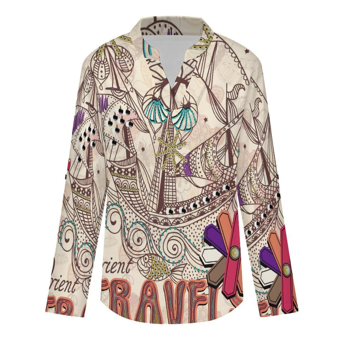 Stand-up Collar Long-sleeved Shirt Travels  Customization Women’s V-Neck Blouses,long Sleeve,Roll-Up Sleeve Shirt