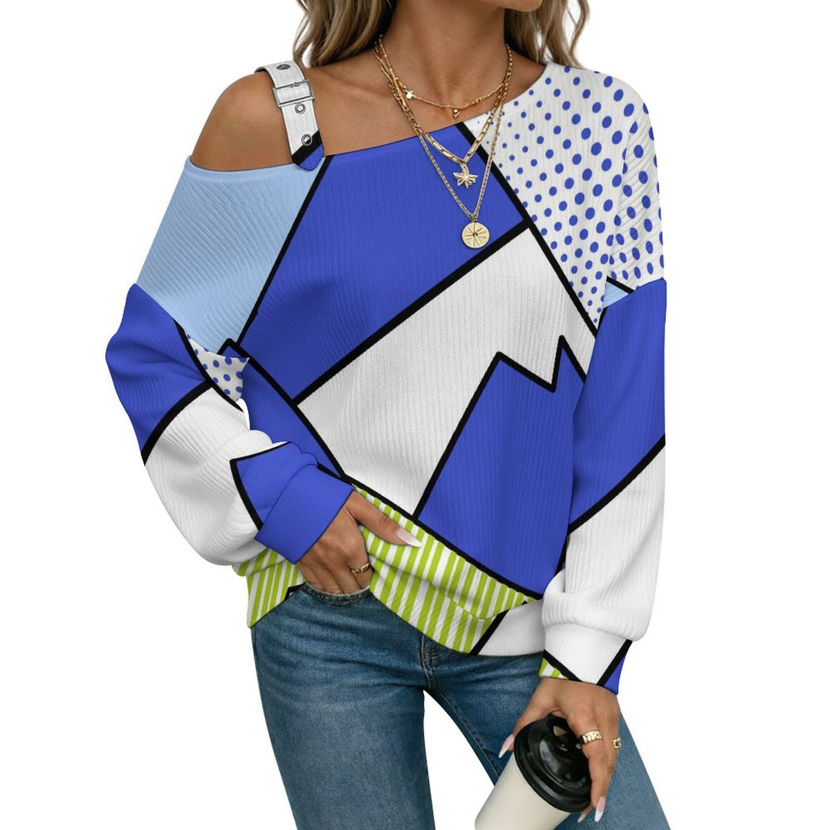 Off-the-shoulder Sweater Tile Pattern-Pop Style-blue-Polka Dot  Asymmetric Cold Shoulder Knit Sweater for Women, Adjustable Buckle Strap Long Sleeve Casual Slouchy Pullover