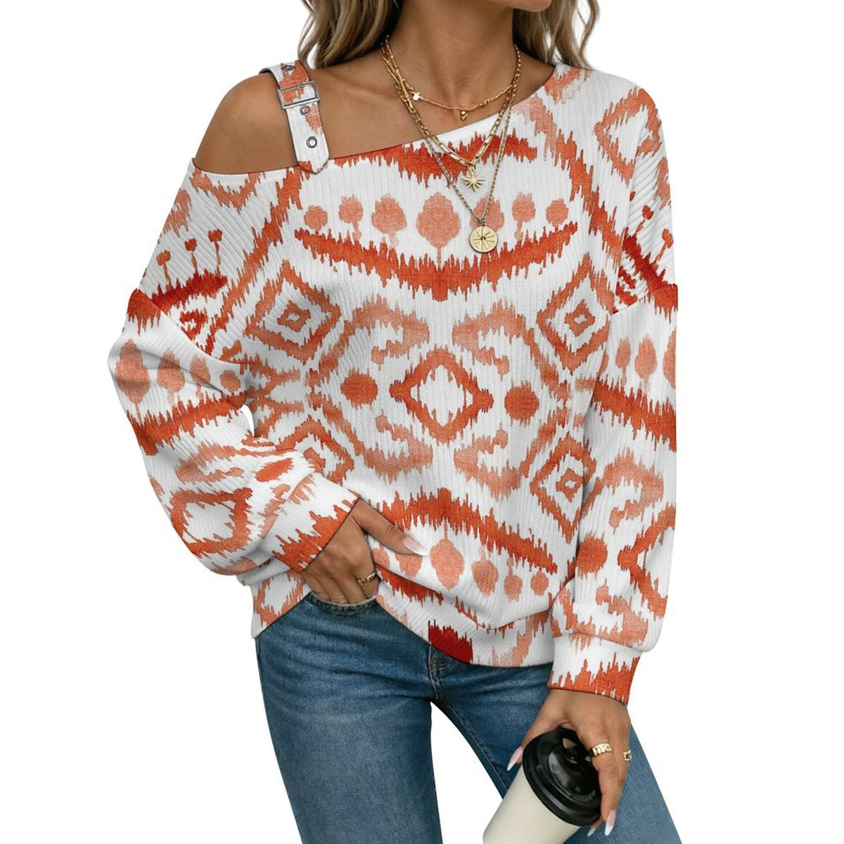 Off-the-shoulder Sweater European Retro Pattern  Asymmetric Cold Shoulder Knit Sweater for Women, Adjustable Buckle Strap Long Sleeve Casual Slouchy Pullover