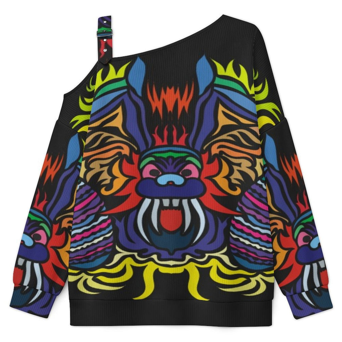 Off-the-shoulder Sweater Abstract Animal Pattern  Asymmetric Cold Shoulder Knit Sweater for Women, Adjustable Buckle Strap Long Sleeve Casual Slouchy Pullover