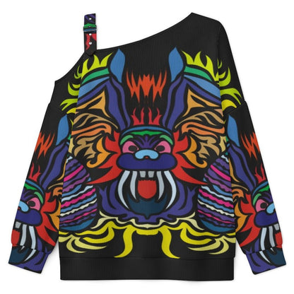 Off-the-shoulder Sweater Abstract Animal Pattern  Asymmetric Cold Shoulder Knit Sweater for Women, Adjustable Buckle Strap Long Sleeve Casual Slouchy Pullover