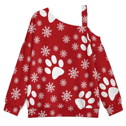 Off-the-shoulder Sweater Christmas Snowflakes Cats And Dogs Paws Snowflakes Red  Asymmetric Cold Shoulder Knit Sweater for Women, Adjustable Buckle Strap Long Sleeve Casual Slouchy Pullover