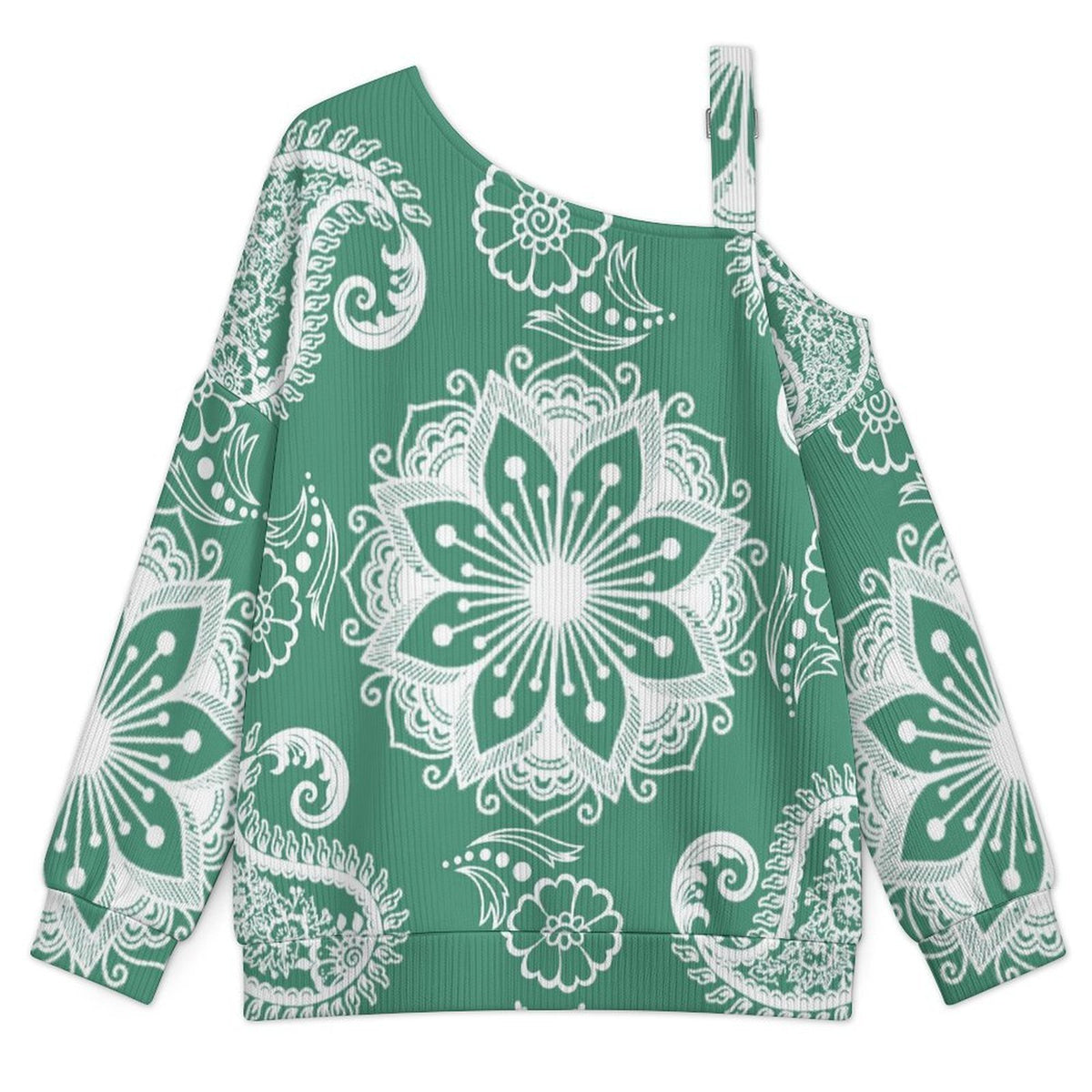 Off-the-shoulder Sweater Paisley Texture Green Repeat Tile  Asymmetric Cold Shoulder Knit Sweater for Women, Adjustable Buckle Strap Long Sleeve Casual Slouchy Pullover