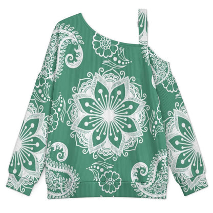 Off-the-shoulder Sweater Paisley Texture Green Repeat Tile  Asymmetric Cold Shoulder Knit Sweater for Women, Adjustable Buckle Strap Long Sleeve Casual Slouchy Pullover