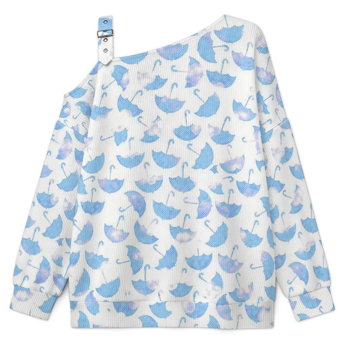 Off-the-shoulder Sweater Blue And White Umbrella  Asymmetric Cold Shoulder Knit Sweater for Women, Adjustable Buckle Strap Long Sleeve Casual Slouchy Pullover