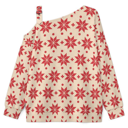 Off-the-shoulder Sweater Christmas - Repeat - Pattern - Red - Light Yellow - Christmas Pattern  Asymmetric Cold Shoulder Knit Sweater for Women, Adjustable Buckle Strap Long Sleeve Casual Slouchy Pull