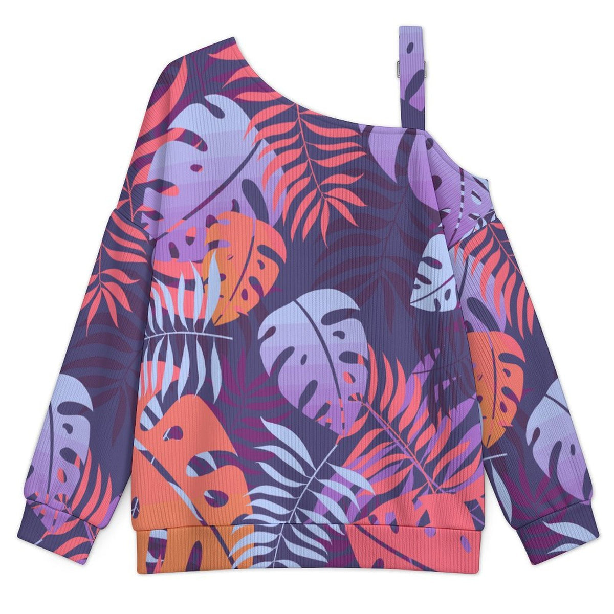 Off-the-shoulder Sweater Tile Pattern-Leaf-Purple-Pink  Asymmetric Cold Shoulder Knit Sweater for Women, Adjustable Buckle Strap Long Sleeve Casual Slouchy Pullover