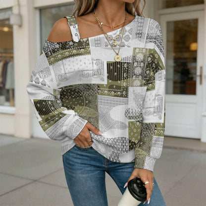 Off-the-shoulder Sweater Exotic Ethnic Patterns  Asymmetric Cold Shoulder Knit Sweater for Women, Adjustable Buckle Strap Long Sleeve Casual Slouchy Pullover