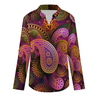 Stand-up Collar Long-sleeved Shirt Paisley  Customization Women’s V-Neck Blouses,long Sleeve,Roll-Up Sleeve Shirt