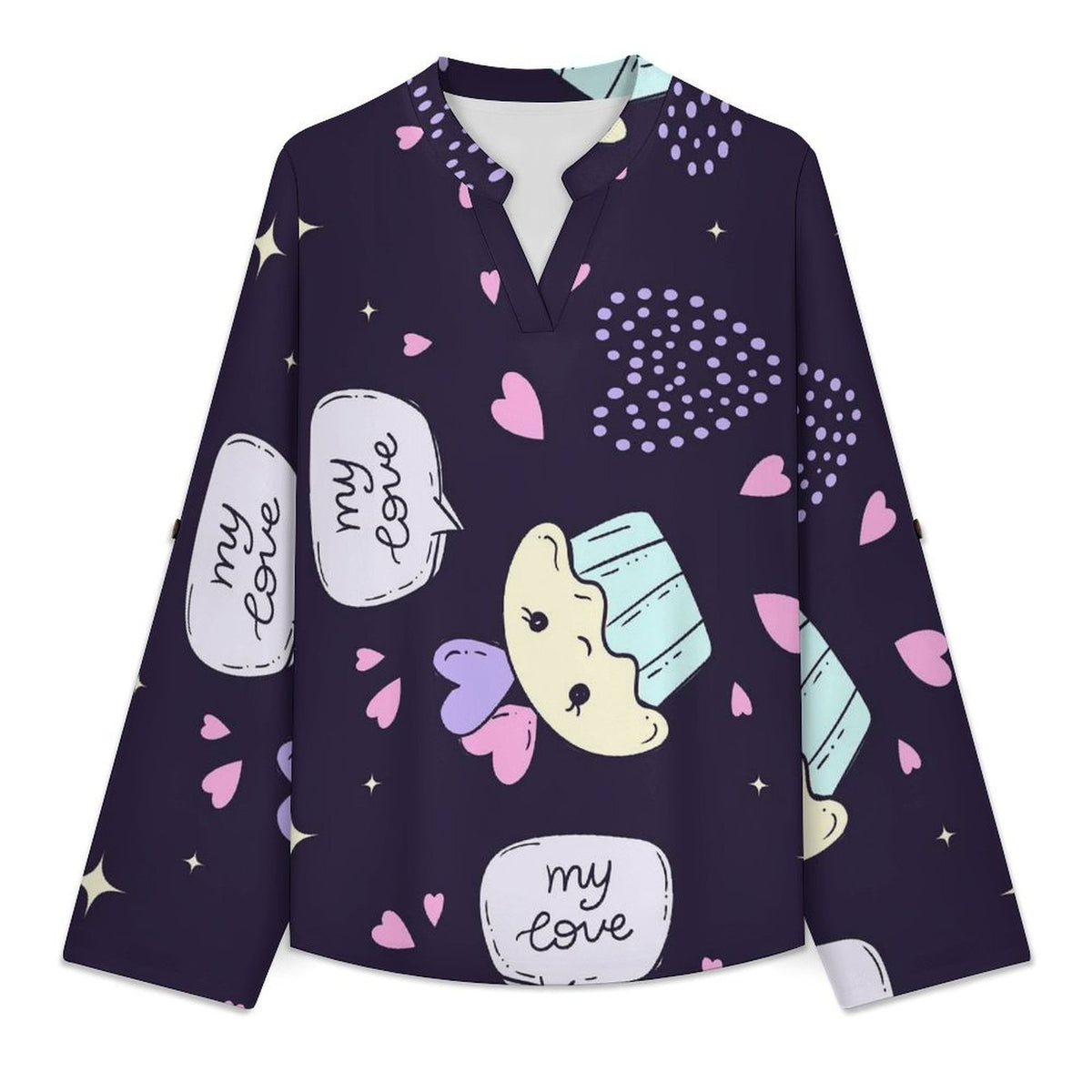 Stand-up Collar Long-sleeved Shirt Cupcake Background  Customization Women’s V-Neck Blouses,long Sleeve,Roll-Up Sleeve Shirt