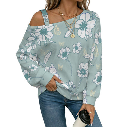 Off-the-shoulder Sweater Plain Florets  Asymmetric Cold Shoulder Knit Sweater for Women, Adjustable Buckle Strap Long Sleeve Casual Slouchy Pullover
