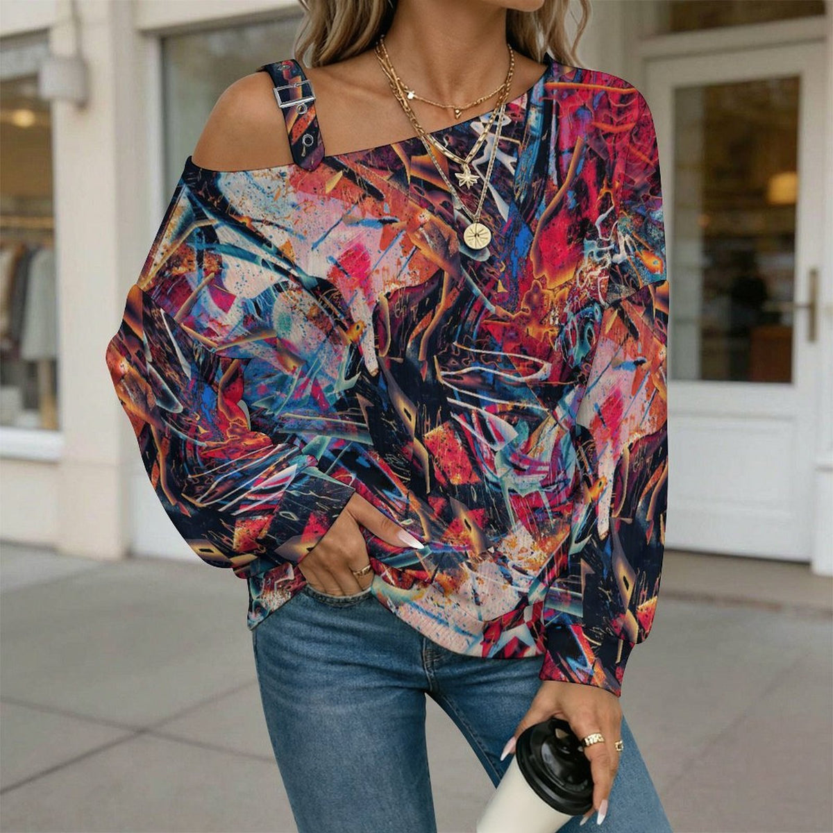 Off-the-shoulder Sweater Abstract, Graffiti  Asymmetric Cold Shoulder Knit Sweater for Women, Adjustable Buckle Strap Long Sleeve Casual Slouchy Pullover